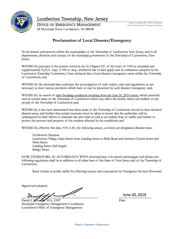 Emergency Declaration – Lumberton Township